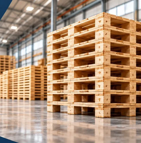 Stacks of heat-treated hardwood pallets in a Timberflow warehouse